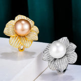 Big Pearl Flower Statement Rings with Zircon Stones