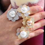 Big Pearl Flower Statement Rings with Zircon Stones