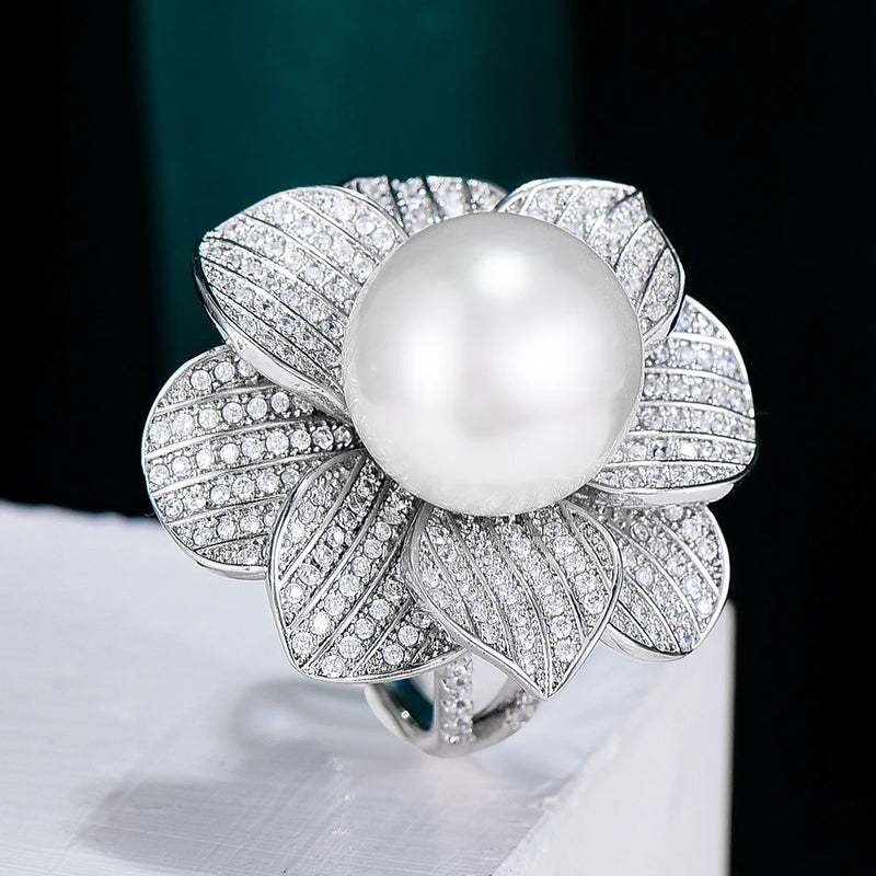 Big Pearl Flower Statement Rings with Zircon Stones