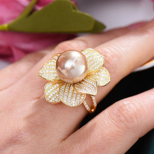 Big Pearl Flower Statement Rings with Zircon Stones