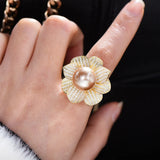 Big Pearl Flower Statement Rings with Zircon Stones