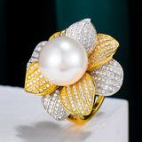 Big Pearl Flower Statement Rings with Zircon Stones