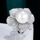 Big Pearl Flower Statement Rings with Zircon Stones