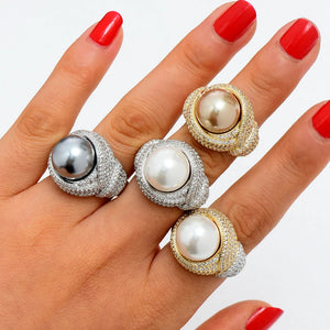 Big Pearl Flower Statement Ring with Zircon Stones