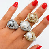 Big Pearl Flower Statement Ring with Zircon Stones