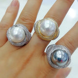 Big Pearl Flower Statement Ring with Zircon Stones