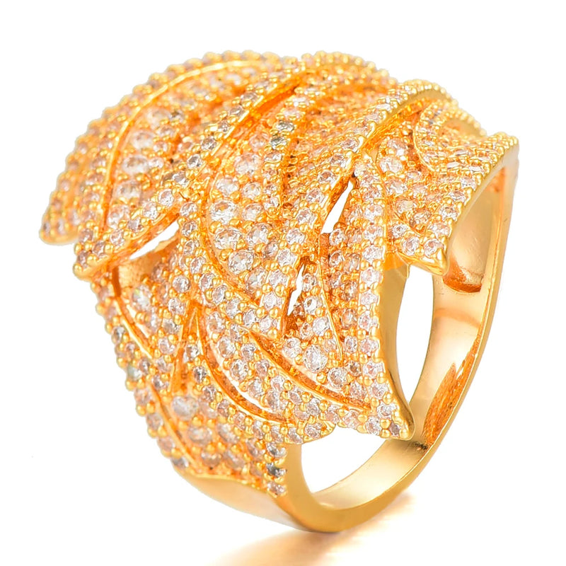 Feather Leaf Bold Statement Rings with Zirconia Stones