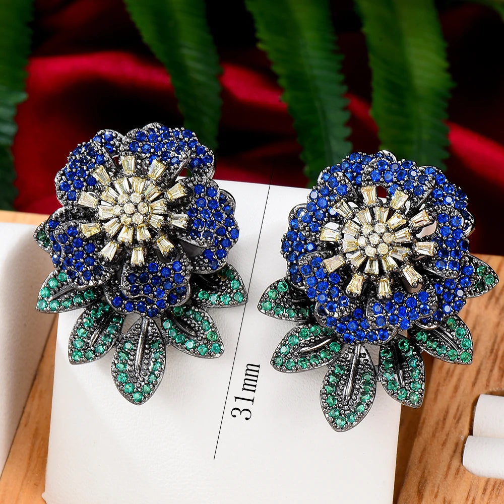 Multicolor Flowers Stud Earrings Cubic Zirconia Dubai Bridal Earrings