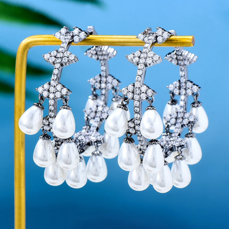 Pearl Flowers CZ Statement Hoops Earrings Dubai Wedding Bridal Circle Earring