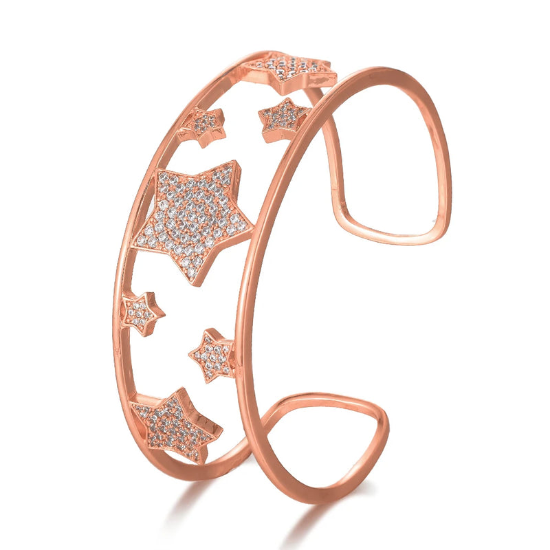 Star Wide Bangle CZ Paved Bohemian Cuff Bracelet for Women