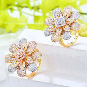 Flower Wheel CZ Stack Ring Women Bridal Wedding Dubai Finger Rings