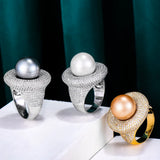 Round Pearl Statement Rings for Women Cubic Zircon Finger Rings Beads Charm Ring