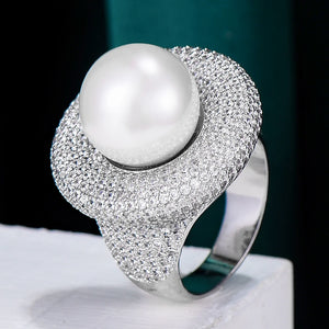Round Pearl Statement Rings for Women Cubic Zircon Finger Rings Beads Charm Ring