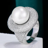 Round Pearl Statement Rings for Women Cubic Zircon Finger Rings Beads Charm Ring