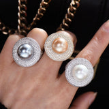 Round Pearl Statement Rings for Women Cubic Zircon Finger Rings Beads Charm Ring