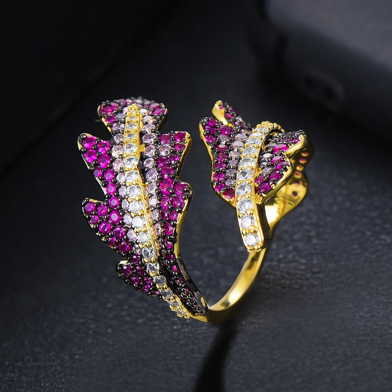 Feather LEAF Statement Ring Women CZ Finger Rings Charm Bohemian Jewelry