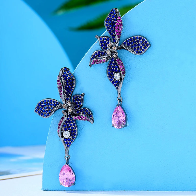 Cubic Zirconia Dubai Bridal Earrings - Wedding Leaf Flower Drop Earring