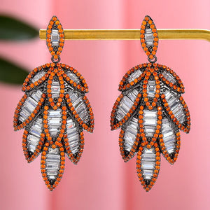 Orange Feather Leaf Earring Wedding Cubic Zirconia Bridal Earrings