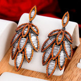 Orange Feather Leaf Earring Wedding Cubic Zirconia Bridal Earrings
