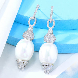 Vintage Royal Pearl Flowers Statement Dangle Earrings For Women Wedding