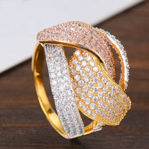 3-Tone Twist Braided Rings for Women Wedding Cubic Zircon Bridal Dubai Jewelry
