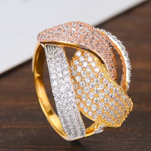 3-Tone Twist Braided Rings for Women Wedding Cubic Zircon Bridal Dubai Jewelry