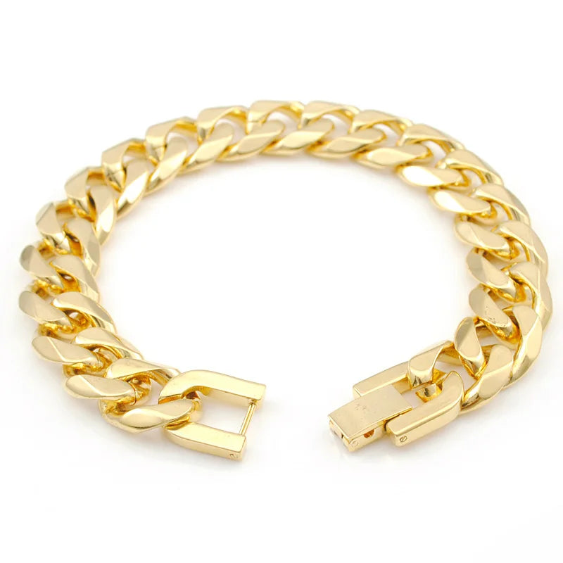 13mm Cut Cuban Stainless Steel Link Chian Bracelet Gold-Color Men Women Jewelry