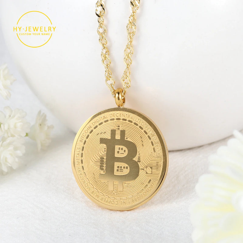 Bitcoin Pendant Necklace Men Personalized 18k Plated Stainless Steel