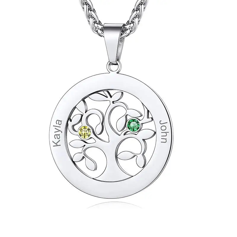 Tree of Life Necklace with Birthstones & Names Stainless Steel Pendant Gift