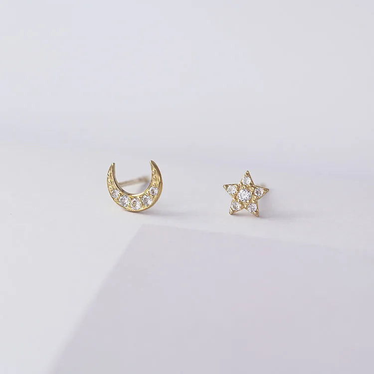 9k Real Star Moon Asymmetric Earrings for Women