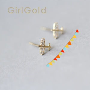 9k Solid Aircraft Crystal Stud Earring Minimal Style Gift Bridesmaid