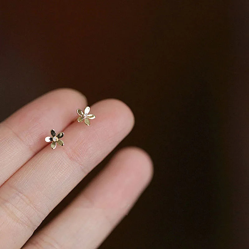 9k Solid Daisy Flower Crystal Dainty Mini Stud Earring Minimal Wedding