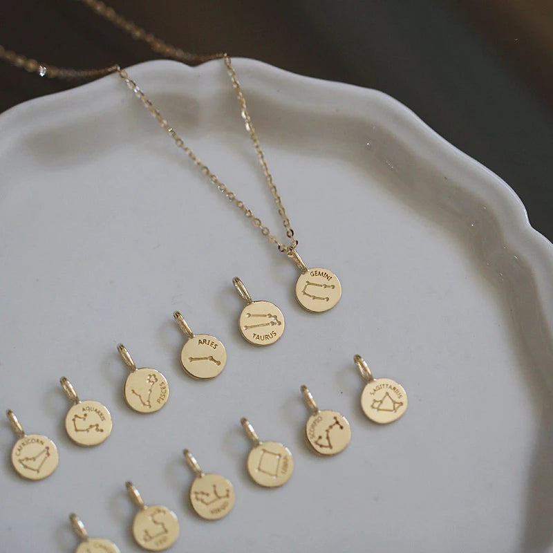 9k Hand Necklace Pendant for Women 12 Constellations Coin Mini Pendant Gift