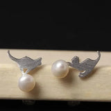 925 Silver Pearls Stud Earrings Cat Play Ball Freshwater Pearls Jewelry