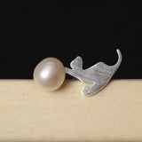 925 Silver Pearls Stud Earrings Cat Play Ball Freshwater Pearls Jewelry