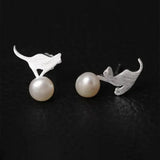 925 Silver Pearls Stud Earrings Cat Play Ball Freshwater Pearls Jewelry