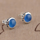 GQTORCH 925 Silver Round Earrings Chalcedony Natural Stone Antique Style Jewelry