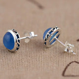 GQTORCH 925 Silver Round Earrings Chalcedony Natural Stone Antique Style Jewelry