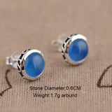 GQTORCH 925 Silver Round Earrings Chalcedony Natural Stone Antique Style Jewelry