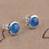 GQTORCH 925 Silver Round Earrings Chalcedony Natural Stone Antique Style Jewelry