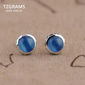 GQTORCH 925 Silver Round Earrings Chalcedony Natural Stone Antique Style Jewelry
