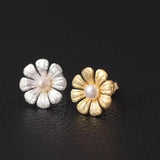 Sunflower Earrings With Freshwater Pearls 925 Sterling Silver Plated