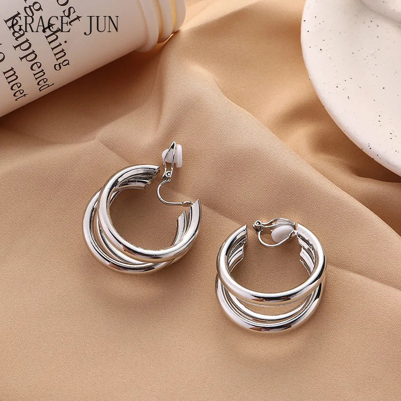 GRACE JUN Vintage Hoop Clip Earrings Non Pierced