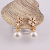 Faux Pearl CZ Flower Clip Earrings for Women Bride Wedding