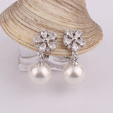 Faux Pearl CZ Flower Clip Earrings for Women Bride Wedding