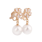 Faux Pearl CZ Flower Clip Earrings for Women Bride Wedding