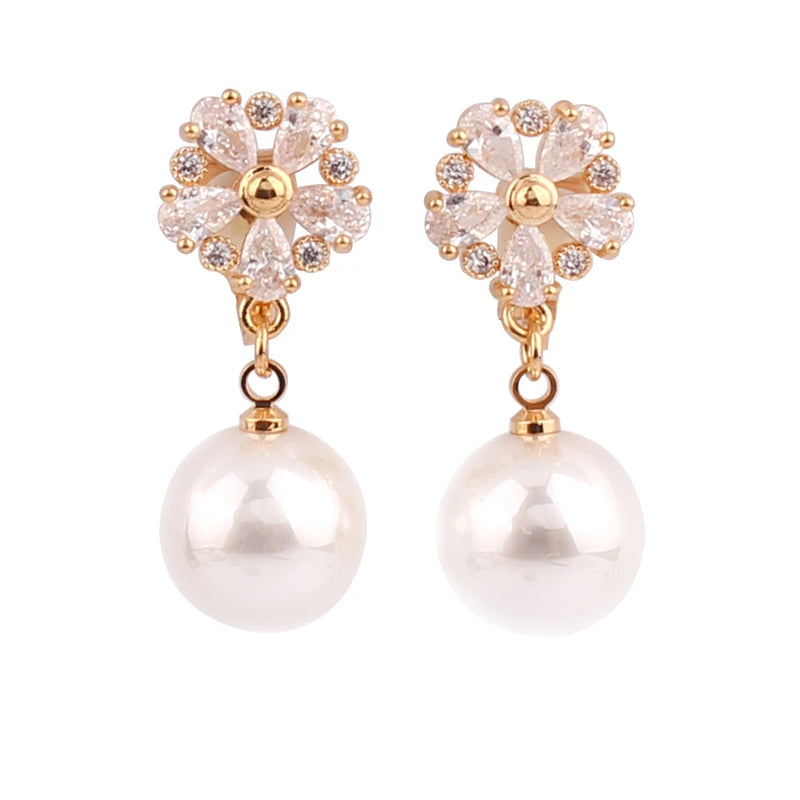 Faux Pearl CZ Flower Clip Earrings for Women Bride Wedding