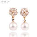 Faux Pearl CZ Flower Clip Earrings for Women Bride Wedding