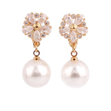 Faux Pearl CZ Flower Clip Earrings for Women Bride Wedding