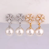 Faux Pearl CZ Flower Clip Earrings for Women Bride Wedding